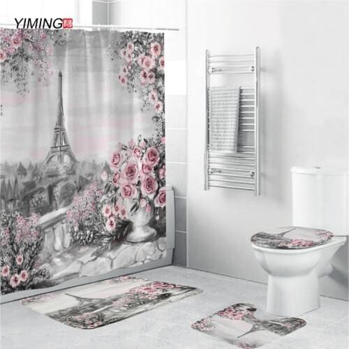 180x180cm Paris landscape Eiffel Tower printed shower curtain set non-slip carpet toilet seat cushion shower curtain set