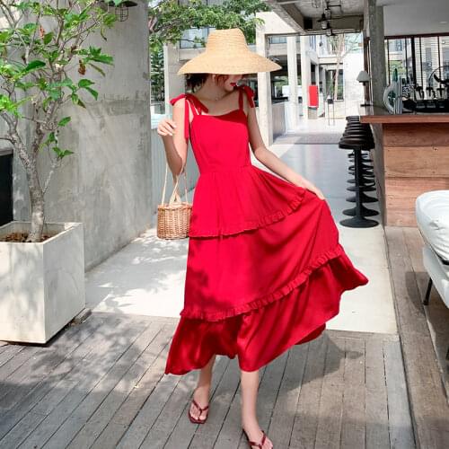 2 colors black red long women straps dress summer elegant backless casual party vacation beach dress sundress korean runway 2020
