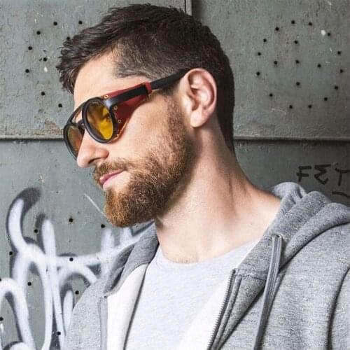 2019 Fashion Vintage Steam Punk StyleRound Sunglasses Leather Side Shield Brand Design Sun Glasses Oculos De Sol masculino UV400