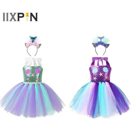 2020 Kids Girls Party Princess Dresses Costume Outfit Sequins Mesh Tutu Dress with Hair Hoop for Halloween Carnival Cosplay