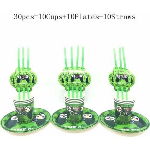 30/31pcs Green Game On Theme Cartoon Paper Tableware Birthday Party Supplies Game On Cartoon Cup Plate Straw Napkin Disposable