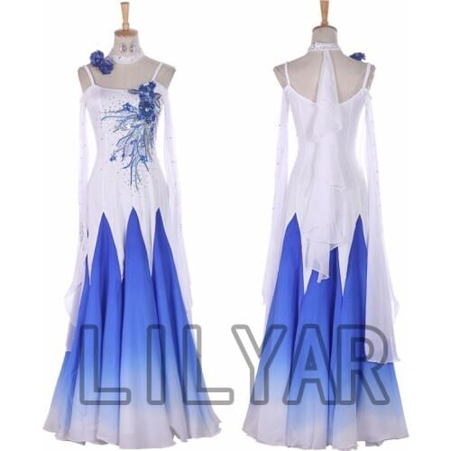 Ballroom Dance Dress Standard Skirt Competition Dress Costumes Performing Dress Customize New Arrival Children Blue Spangle 123