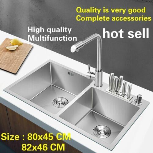 Free shipping Hot sell apartment multifunct kitchen manual sink double groove food grade 304 stainless steel 800x450/820x460 MM