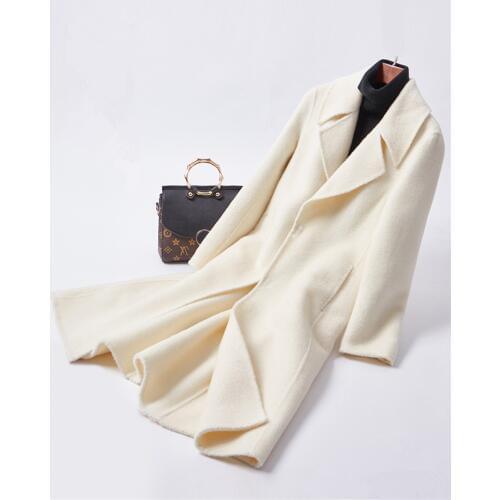 Beige white double-sided flannel women long slim overcoat big turn-down collar slanting pockets EU/S-2XL retail wholesale