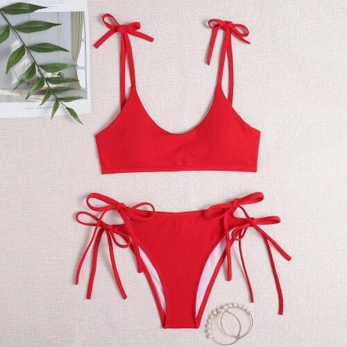 Girls Ties Top Bottom Brazilian Push Up Bikini Rib Biquini Swimwear Strappy Bandage Swimsuit Beach Wear Red Bathing Suit Women