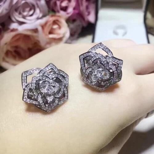 Brand Pure 925 Sterling Silver Jewelry For Women Rose Camellia Ear Stud Wedding Party Necklace