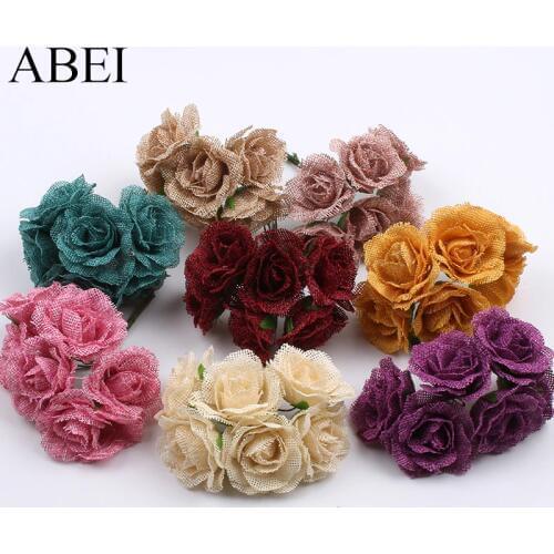 6pieces Big Burlap Rose Artificial Flowers Bouquet Jute flowers For Wedding Party Home Decoration DIY Scrapbooking Wreath Fake