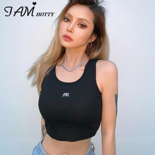 Stretchy Casual Sports Cotton Tank Top Women Ribbed Embroidery Sleeveless T-shirt Crop top Tee Vest Female Summer 2021 Iamhotty