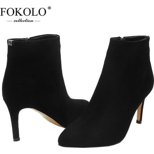 FOKOLO Ankle Boots Women Pointed Toe Kid Suede Zipper Fashion Thin Heels Boots Winter Short Plush Lining Simple Lady Shoes X7