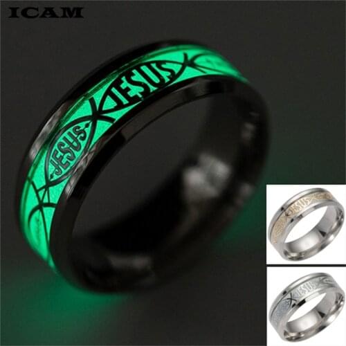 ICAM New Punk Style Stainless Steel Ring Glow In The Dark Jesus Ring Luminous Fantastic Band Rings Women Men Jewelry