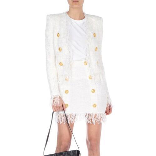 Quality Elegant European American White Tassel Skirt Suits Buttons Short Jacket Straight Short Skirt Slim Tweed Two Pieces Sets