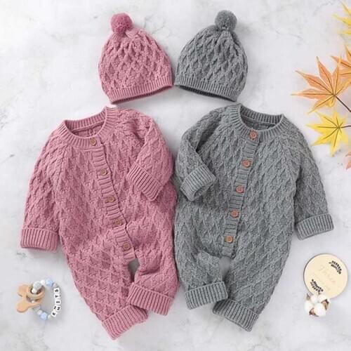 Baby Rompers Long Sleeve Winter Warm Knitted Infant Kids Boys Girls Jumpsuits Hat Outfits Toddler Sweaters Autumn Clothes