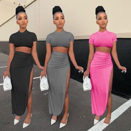 TNNAOFF Solid Two Piece Set for Women Short Sleeve O-neckT Shirt Tops Fashion Elegant Slit Dress Streetwear Club Matching Sets