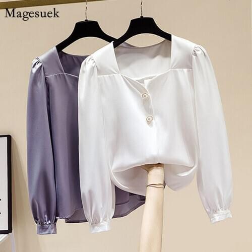 Fashion Elegant Chiffon Shirt 2021 Spring New Square Collar Blouse Women Long Puff Sleeve Gentle Solid Button Tops Blusas 13464