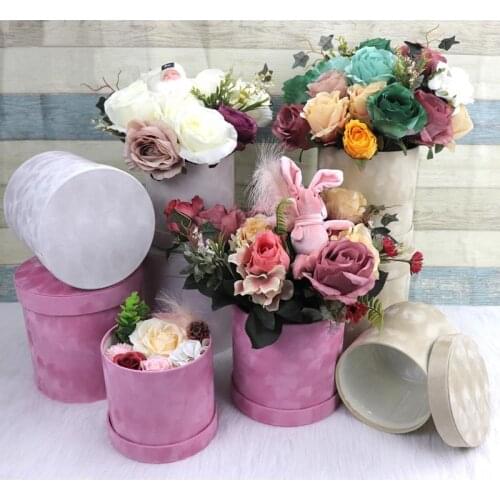 3 Piece Set Round Velvet Box Gift Decor Packaging Flower Bouquet Box Valentines Day Gifts Florist Packing Boxes