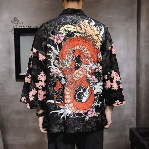 New Japanese Kimonos Men Costumes Harajuku Yukata Anime Dragon Print Loose Shirts Women Cardigan Samurai Japan Traditional Coats