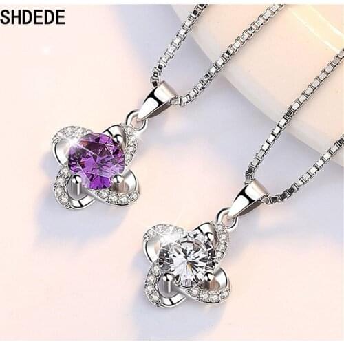 SHDEDE CZ Crystals Flower Pendants Necklaces For Women Party Gift Fashion Jewelry White Purple Cubic Zirconia Accessories -124
