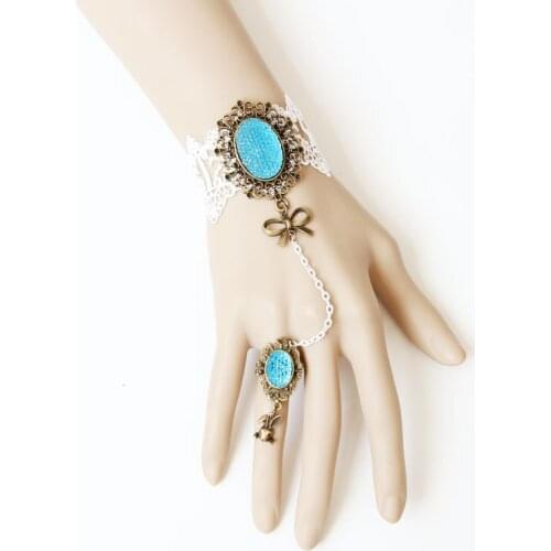 Handmade Blue Oval Rhinestone Bow Floral White Lace Adjustable Ring Bracelet Bronze Set Lolita Bridal Bridesmaid Gothic Retro