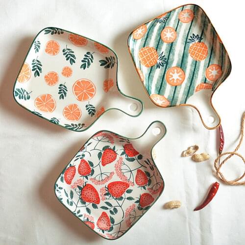 Nordic ins wind underglaze ceramic plate with handle square plate home creative breakfast plate fruit plate dish salad bowl