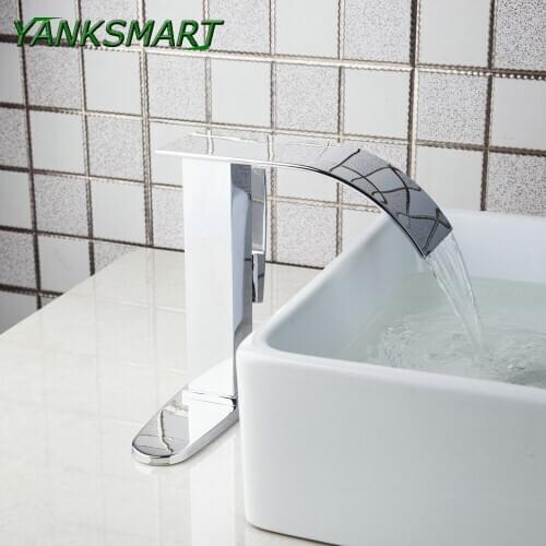 YANKSMART Solid Brass Chrome polished Bathroom Sink Basin Single Handle Faucet Mixer Water Tap Deck Mounted w/ cover plate