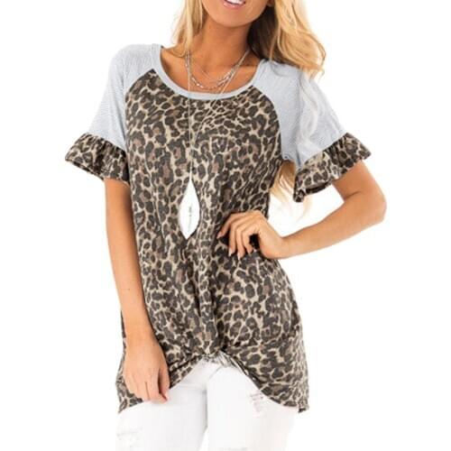 Stylish Women Short Flared Sleeve O Neck Leopard StitchingT-shirt Loose Blouse Tee Shirts Plus Size Blusas Femininas
