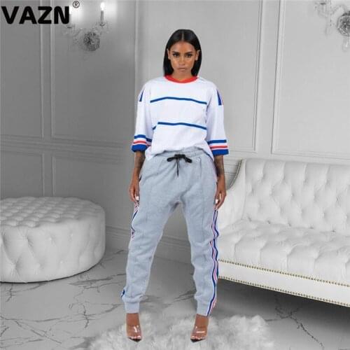 VAZN 2021 Special Sexy O-neck Two Piece Set Loose Striped 2 Piece Set Women Long Sleeve Top And Pant Autumn