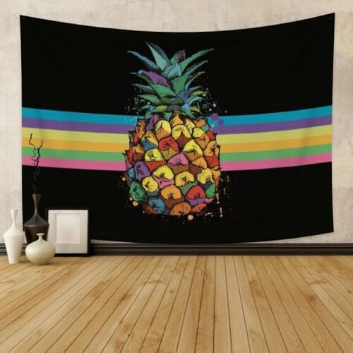 Cartoon Pineapple with Rainbow Black Tapestry Vintage Exotic Summer Plant Nature Frame for Bedroom Photography Wall Decor