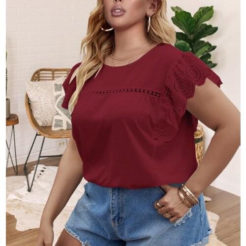 4XL 5XL Plus Size Shirts for Women Summer Short Sleeve Pullovers Large Loose Fashion Burgundy Daily Wear Oversized Tops Blouse