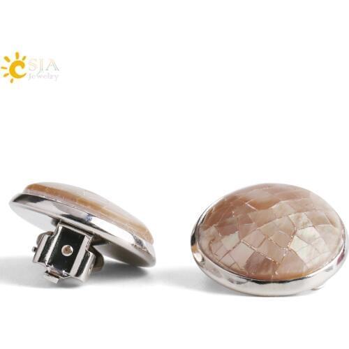 CSJA Unique Natural Abalone Shell Round Clip Earrings No Hole for Women Non Pierced Ear Cuff Vintage Fashion Casual Jewelry G021