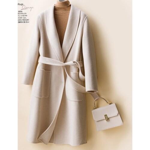 Green fruit collar double-sided cashmere coat womens mid autumn and winter long slim double-sided tweed coat wool handmade