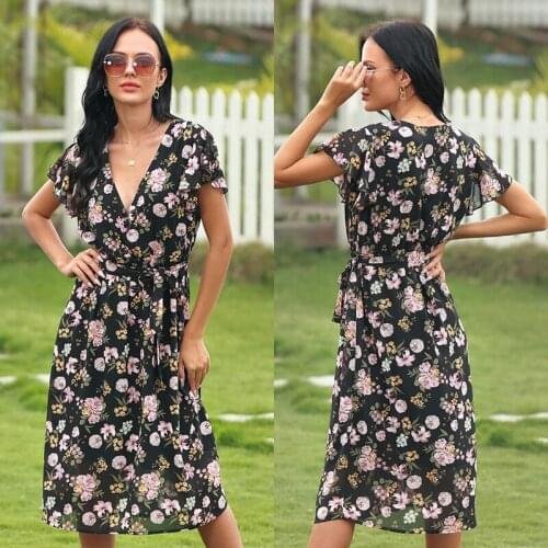Womens Cool Soft Dress Summer Print Deep V-neck Elastic Waist Dress Sexy Holiday Skirt Holiday Party Breathable Dress