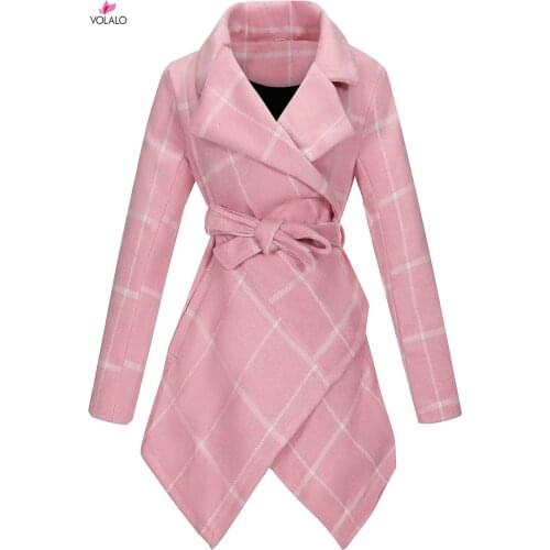 Womens Turn Down Collar Grid Coat Belted Wool Blend Coat Asymmetric Hem Wrap Coat