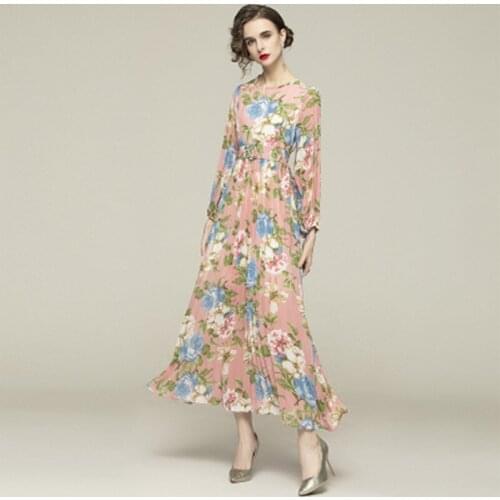 Women Spring & Autumn Vintage Floral Printing Long Dress High Quality Elegant Pleated Party Robe Femme Bohemia Dress Vestidos