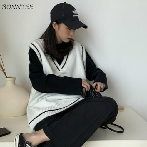 Vests Women Autumn V-Neck Knitting Korean Style Students Vintage Womens Simple All-match Chic Leisure Retro New Arrival Female
