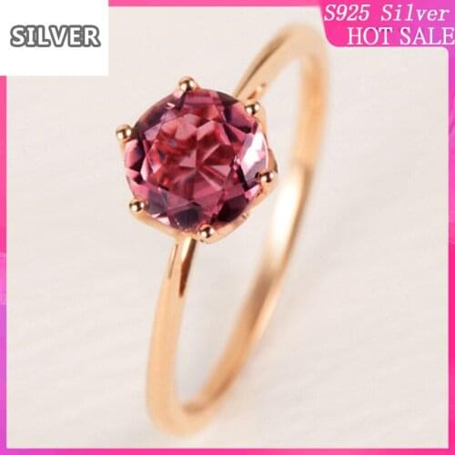925 sterling silver Rose gold single diamond inlaid round candy light luxury six-claw elegant pomegranate ruby womens ring