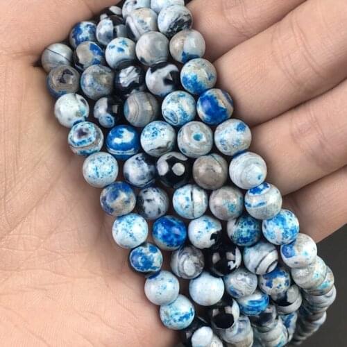 Natural Stone Blue White Fire Agates Beads Round Loose Spacer Beads For Jewelry Making DIY Charms Bracelet 15" 6/8/10mm