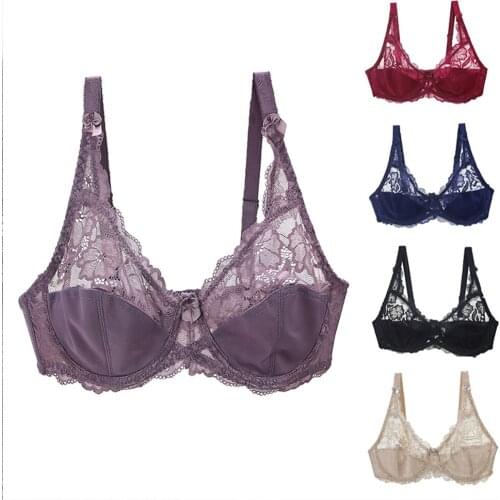 Fashion Sexy Lace Women Bra No-Padded Underwired Lingerie Translucent Push Up Brassiere Plus Size Big Cup Underwear 34-46 DD E