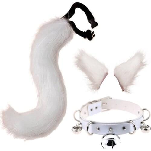 Adult Kids 3 Pieces Plush Cat Ears Hair Clip Furry Wolf Tail with Faux Leather Bell Neck Choker Necklace Set Anime Halloween Cos