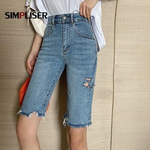 Knee Length Retro Denim Jeans Pants Women Cropped Skinny Push Up Jeans Capris Denim Blue Cycling Ridding Pants 2021 Summer
