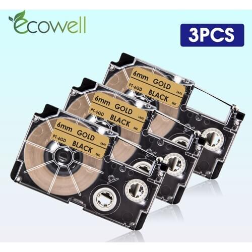 Ecowell 3PK XR-6GD 6mm*8m tapes Compatible Casio XR 6GD XR6GD Black on Gold labels for Casio KL-120 KL-HD1 KL-60SR Label Maker