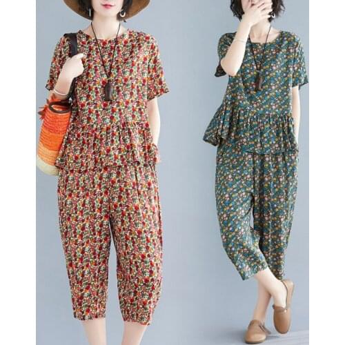 2 Piece Sets Womens Outfits Cotton Print Short Sleeve Tops + Cropped Pants Suits Summer Casual Two Pieces Set Plus Size 5XL Y931