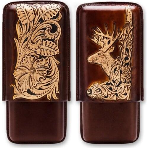 Classic Embossed retro Leather Cigar Case 3pcs Sticks Cedar Wood Liner cigarette accessories men Gadget Fathers Day Gift