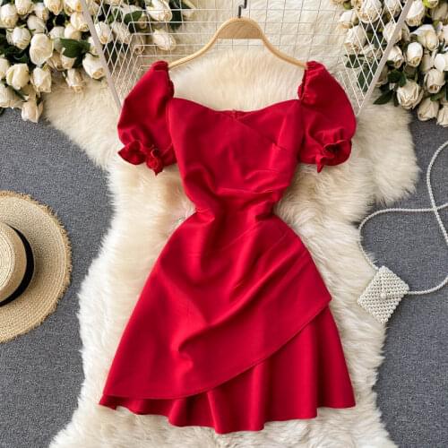 Summer Womens Dress Korean Style Commuter Cross Square neck Short-sleeved Dress New Waist Irregular Female Short Dresses HH097