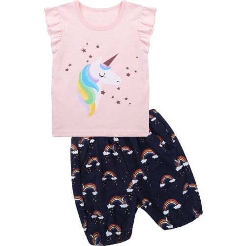 Oyolan Flower Summer Holiday Girls Outfits Cartoon Horse Clothes Set for Girls T-shirt Top Floral Rainbow Short Clothes Suit Kid