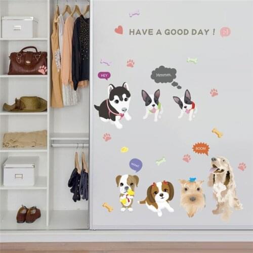 Cute Dogs Animals Wall Stickers For Kids Room Bedroom Decoration Cartoon Puppy Mural Art Diy Pvc Home Decals Posters