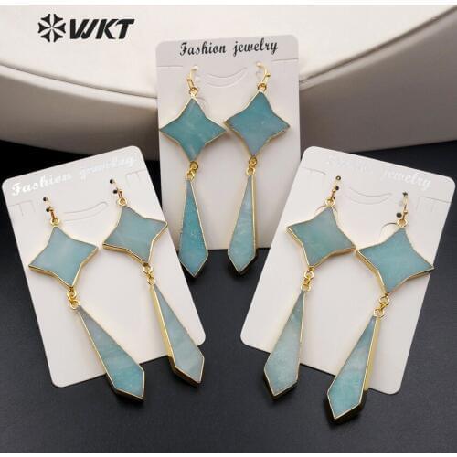 WT-E386 Wholesale star amazonite stone earrings with 24K gold fashion rhombus green star stone earrings jewelry for women gift