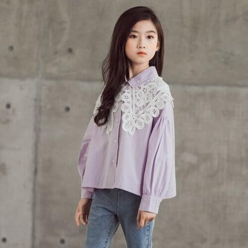 Autumn Girls Blouse Spring Teen Girl Purple Long Sleeve Lace Tops Shirts Elegant Kids Blouses 4-16 Years Children Clothing