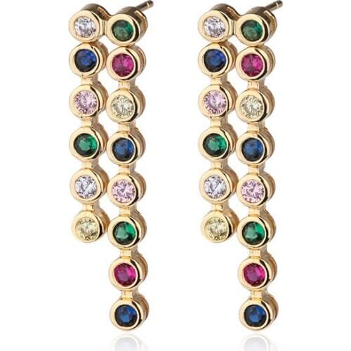 Multicolored Round Ear Line Long Dangle Drop Earrings colorful rainbow zirconia circle Bohemia gold color earring Women jewelry