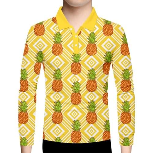 OGKB Mens Long Sleeve Polo Shirt Orange Pineapple Polo T Shirt 3D Printed Fruit Casual Harajuku Shirts Summer Tops Wholesale