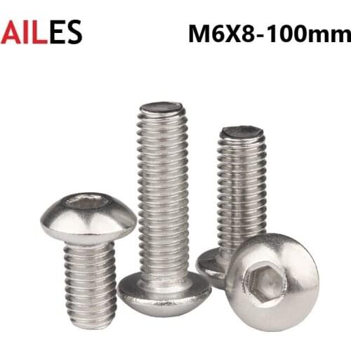 6mm Hexagon Socket Button Round Head Screws A2-70 304 Stainless Steel M6 X 8 10 50 60 90 95 100mm Allen Bolts